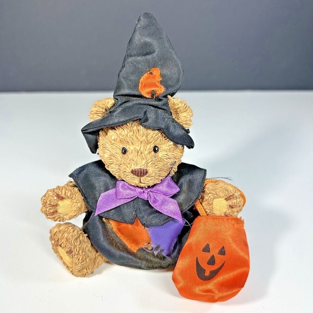 Halloween Teddy Bear Figurine In Trick Or Treat Costume Witch Hat ~ 6" Tall